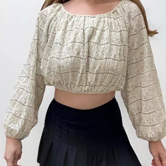 Tops - Cottagecore Lace Crochet Balloon Long Sleeve White Ivory Blouse Top Large